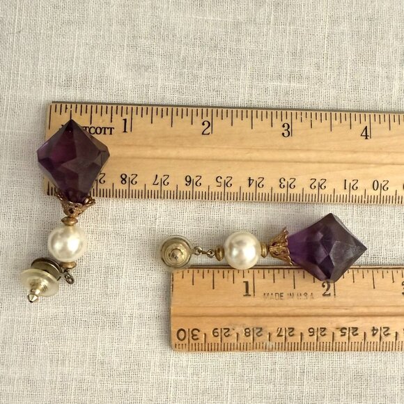 Gold Purple Drop Post Earrings Faux Pearl Faux Faceted Crystal Fashion Jewelry - Picture 5 of 5
